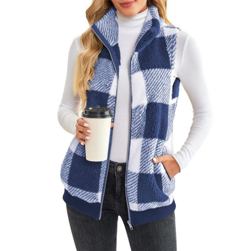 Women's Waistcoat Comfortable Veet Plaid Stand Collar Zipper Women's Vest
