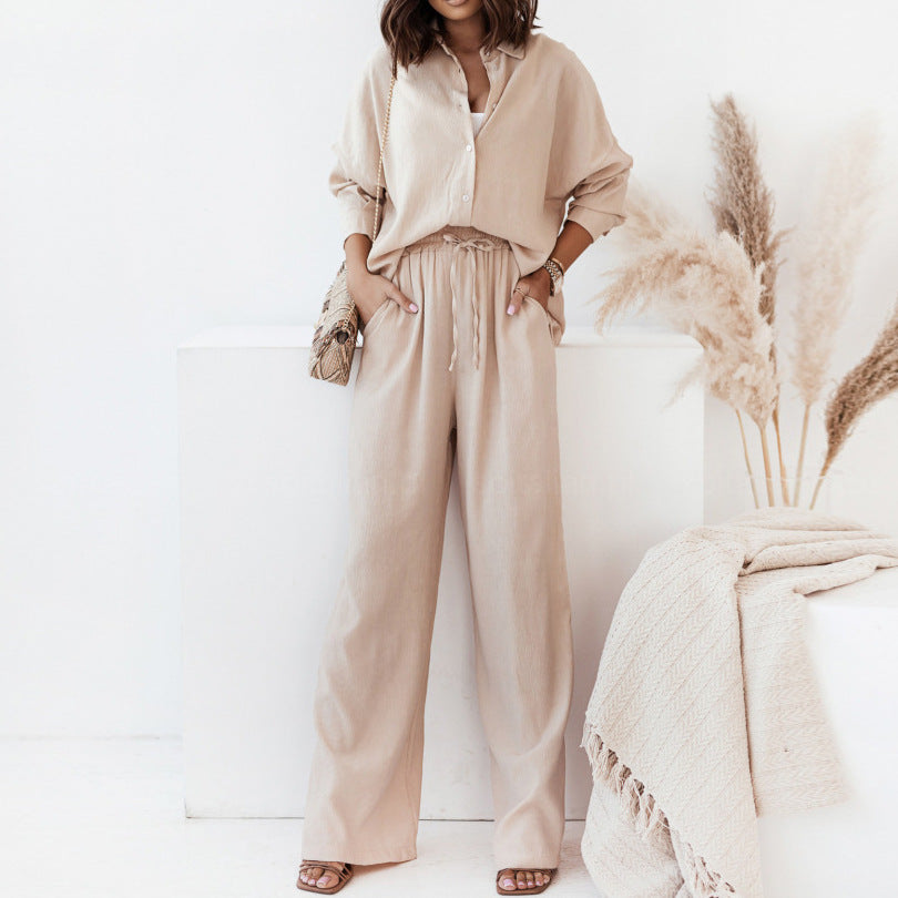 Women's Pure Color Lapel Shirt High Waist Trousers Two-piece Fashion Casual Suit