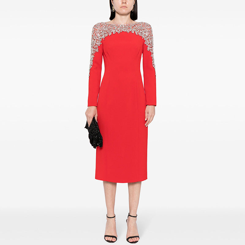 Fashion Stitching Mesh Beads Rhinestones Mid-length Dress