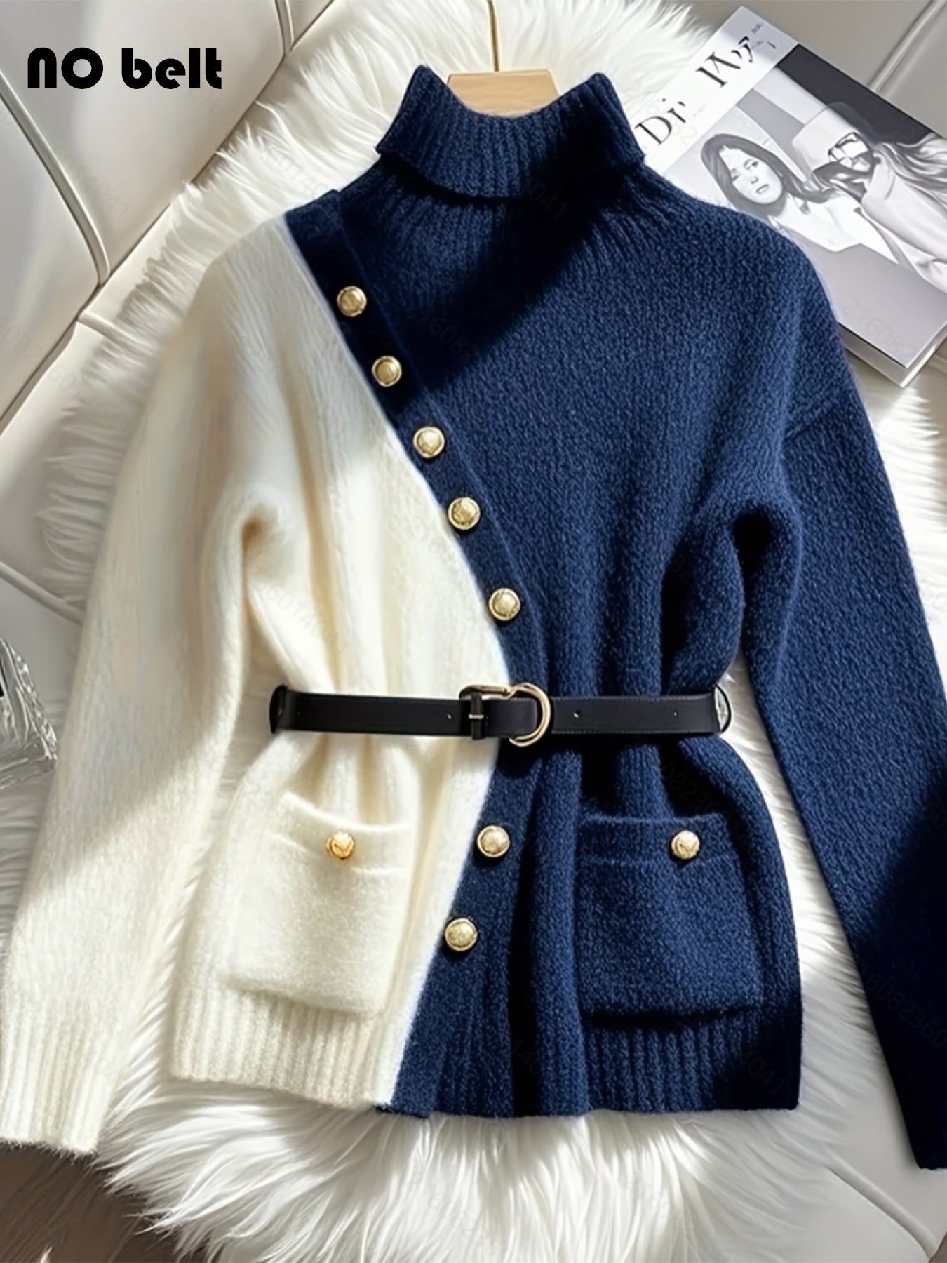 Women's Diagonal Button Design Sense Contrast Color Long Sleeves Sweaters
