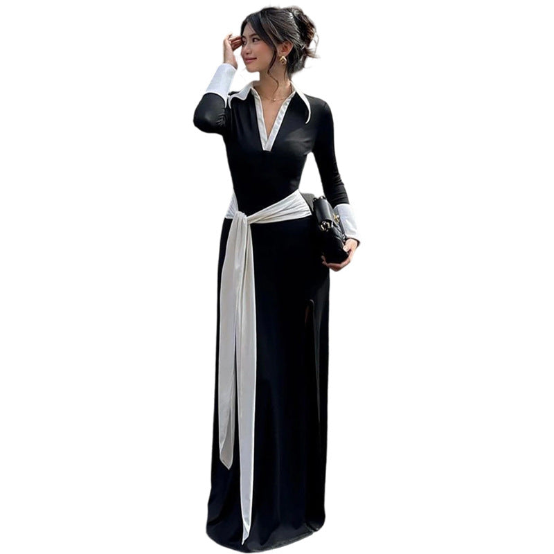 Women's French Style Temperament Contrast Color Slim High Dresses