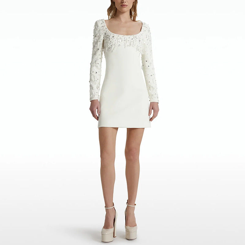 Trendy Fashion Long Sleeve Beads Rhinestones Dress