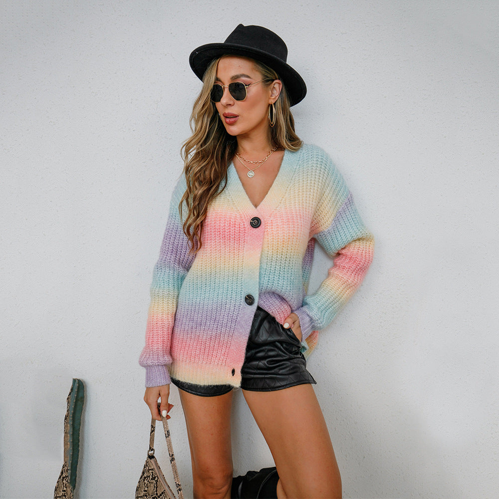 Women's Gradient Dyed Rainbow Large Button Knitted Sweaters