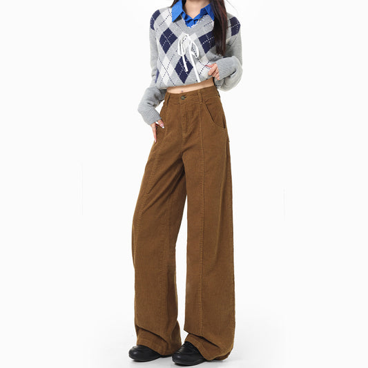 Women's Retro Style Caramel Corduroy Regular Lengthened Pants
