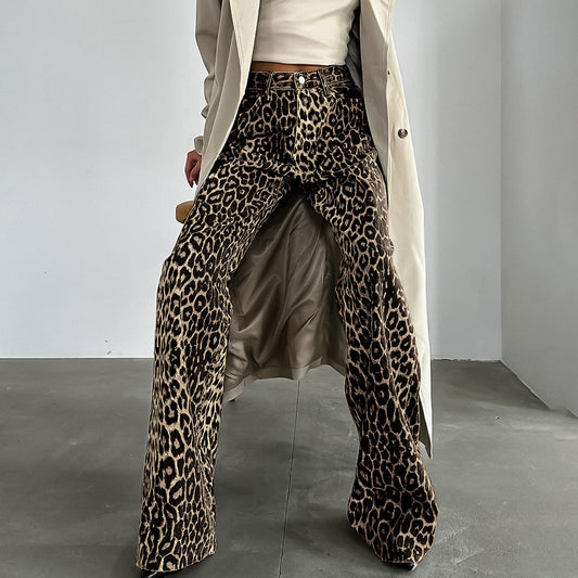 Women's Loose Low Waist Leopard Print Trousers Versatile Cotton Wide Pants