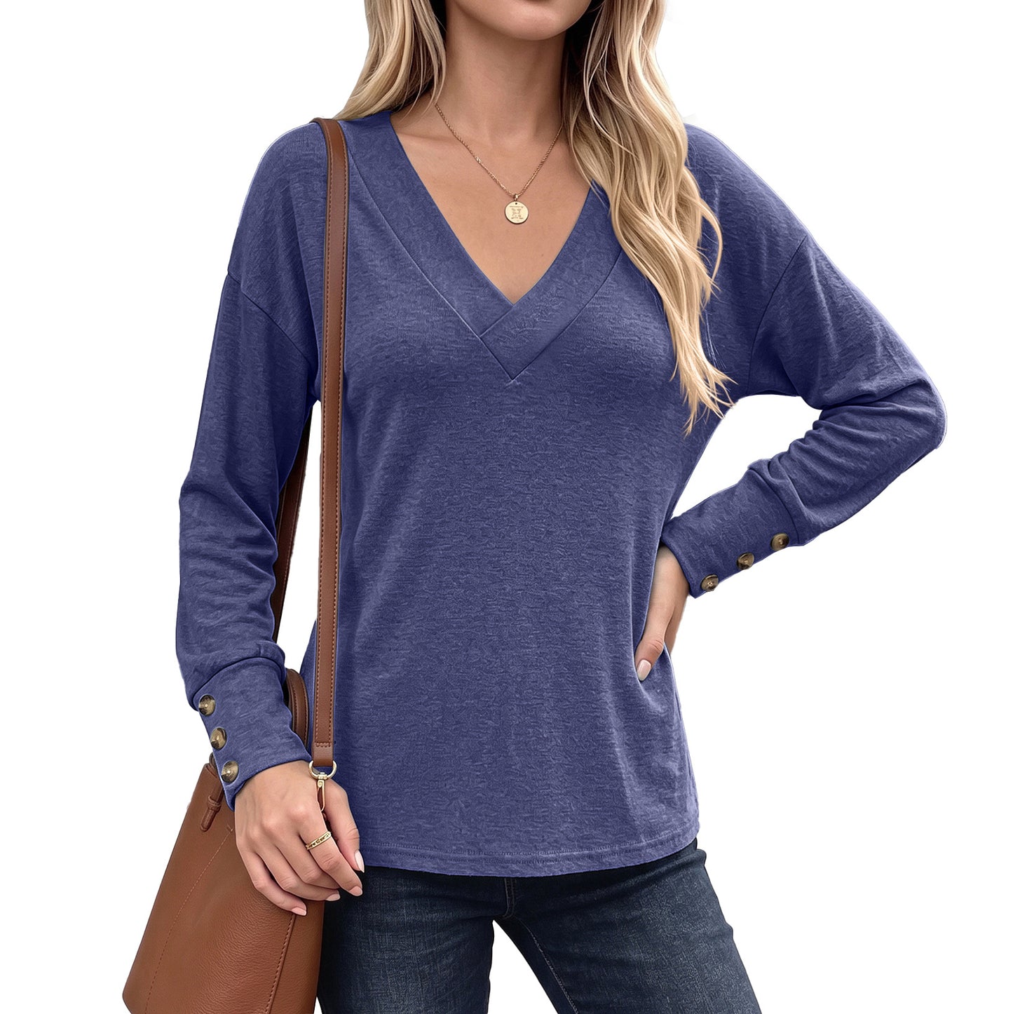 Solid Color Loose Button Long-sleeved Brushed Women's T-shirt