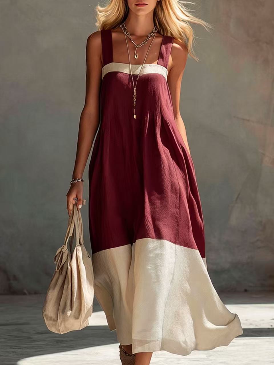 Women's Color Contrast Patchwork Temperament Camisole Long Dress
