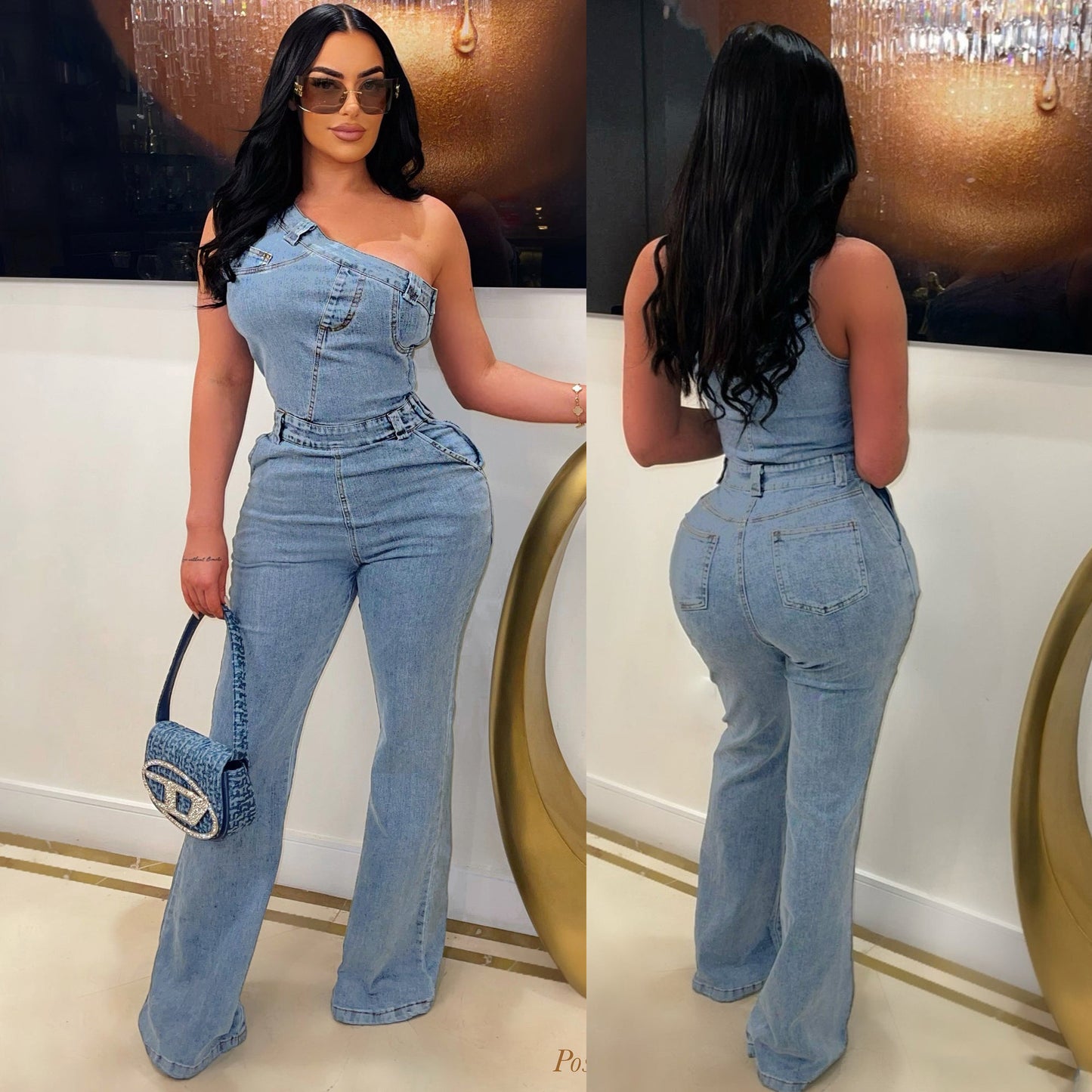 Slant Shoulder Tight Waist Slim Elastic Pants
