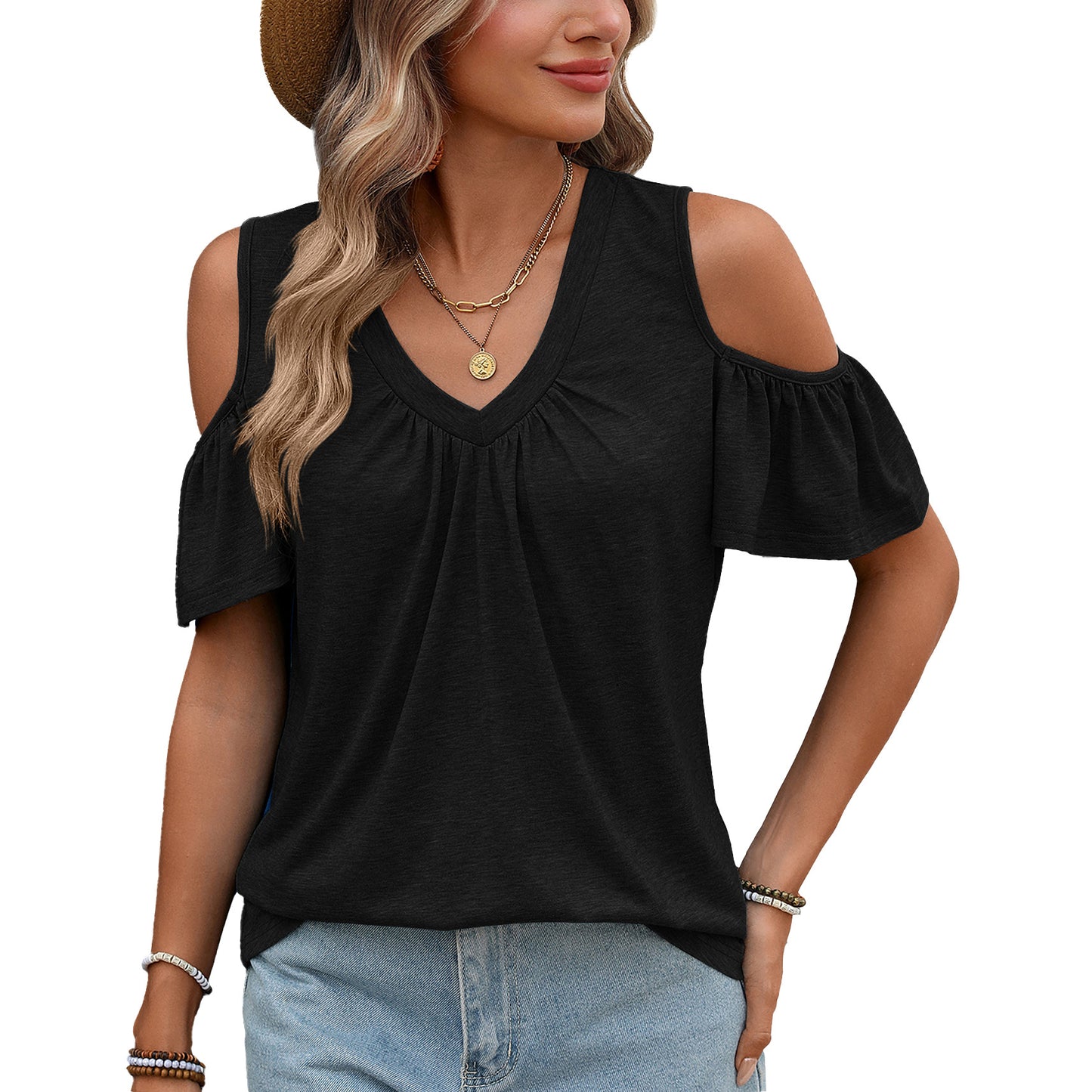 Trendy Solid Color Pleated Loose Sleeve Women's T-shirt