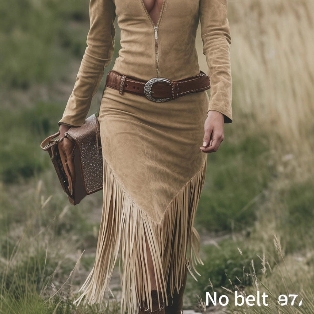 Women's Retro Western Lapel Front Zip Tassel Long Dress