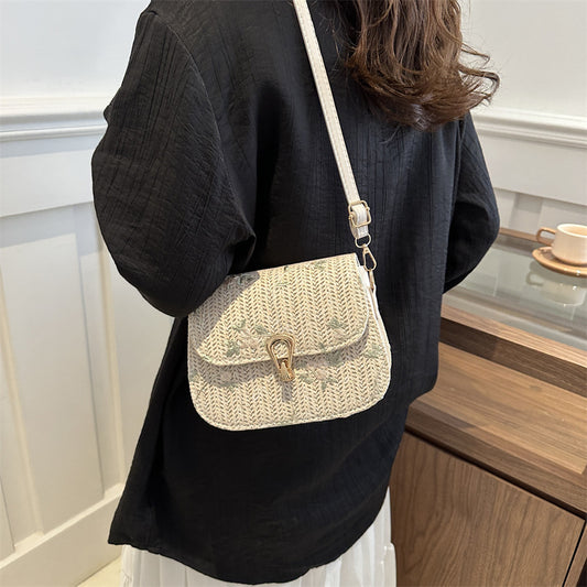 Women's Lace Flower Straw Woven Fashionable Saddle Crossbody Bags