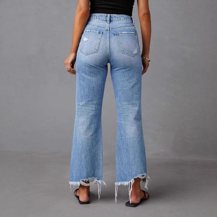 Women's Ripped Tassel Personality Street High Waist Straight Casual Wide Leg Clothing