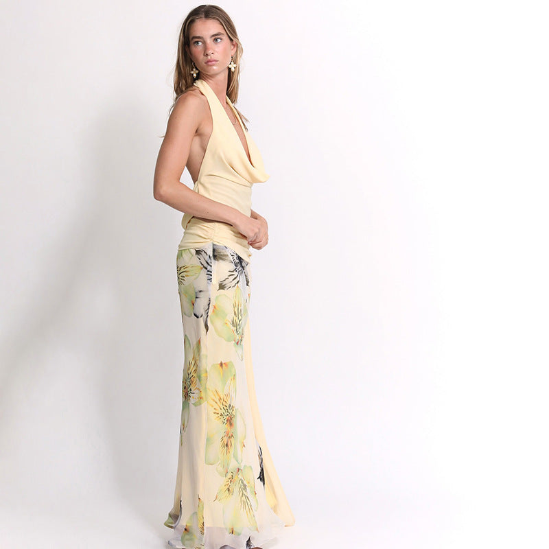Women's Sexy Backless Halter Slim Print Long Suits