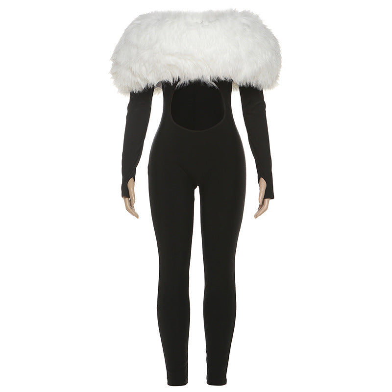 Women's Furry Stitching Sexy Long Sleeve Jumpsuits