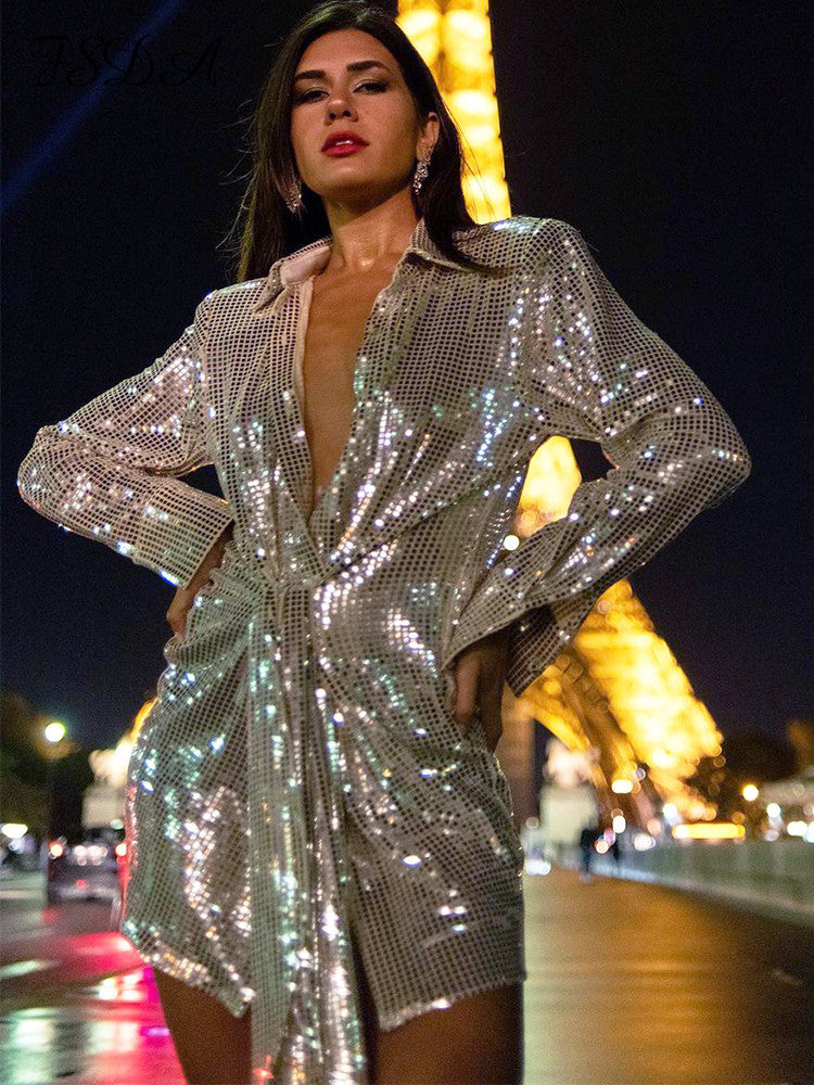 Women's Tied Slim Fit Long Sleeve Sequined Blouses