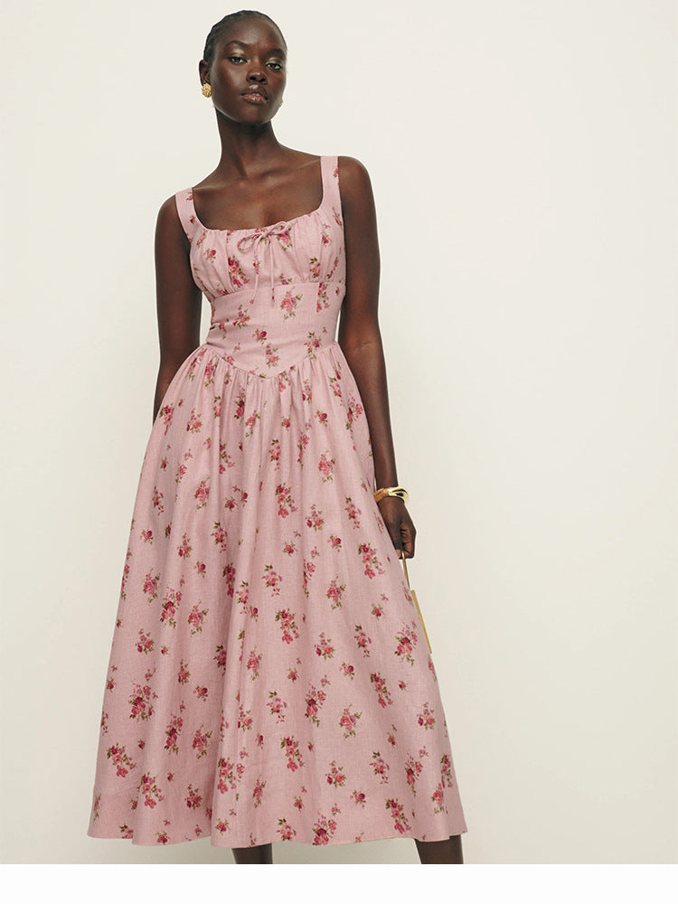 Women's Linen Pink Square Collar Mid-length Vacation Style Dresses