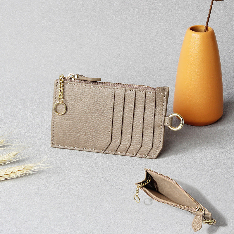 Leather Zipper First Layer Cowhide Compact Card Holder