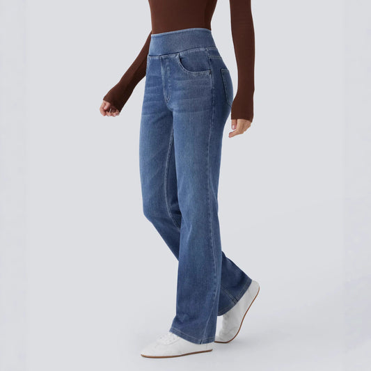 Women's Washed High Waist Straight Stretch Slim Fit Draped Jeans