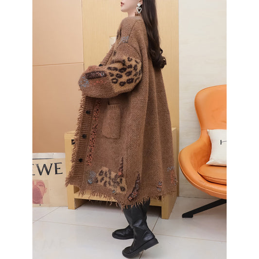 Women's Retro Loose Long Leopard Print Stitching Ripped Tassel Knitwear