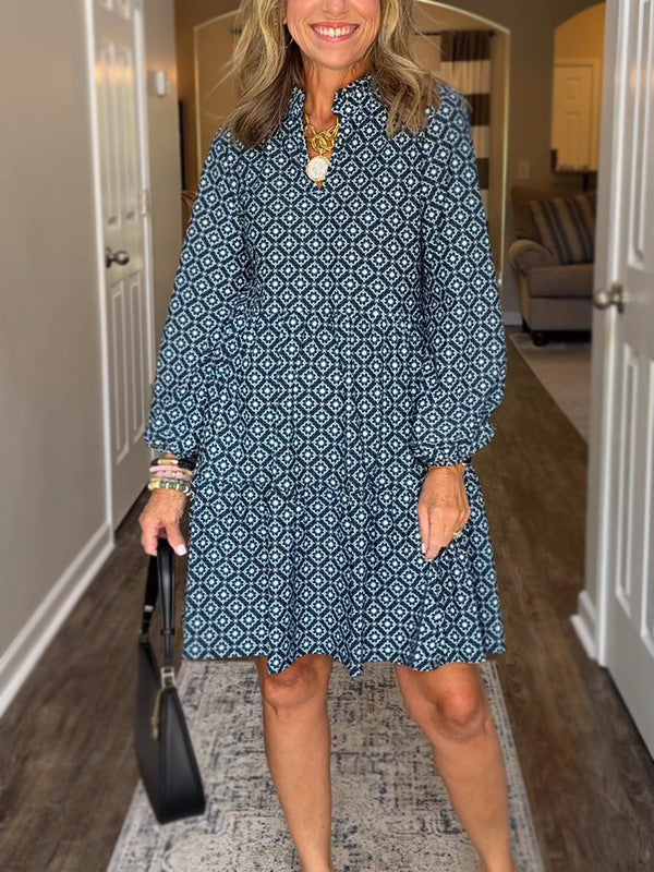 Collar Sleeve Digital Printing Diamond Pattern Dress