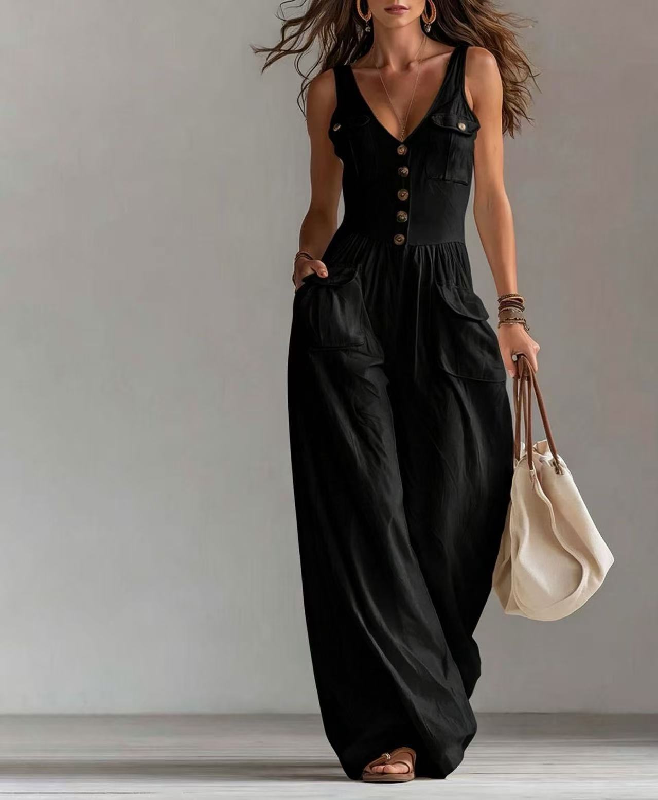 Women's Summer Solid Color Buttons Loose Casual Women's Jumpsuit/clothing