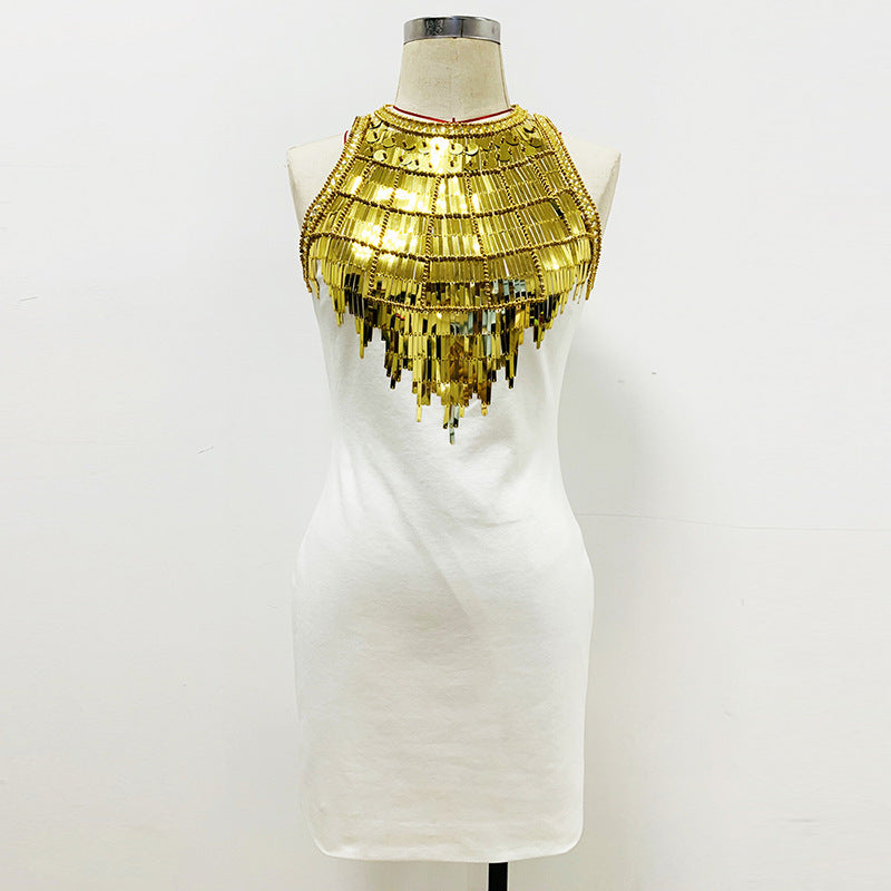 Fashion Metal Sheet Beads Rhinestones Sexy Dress
