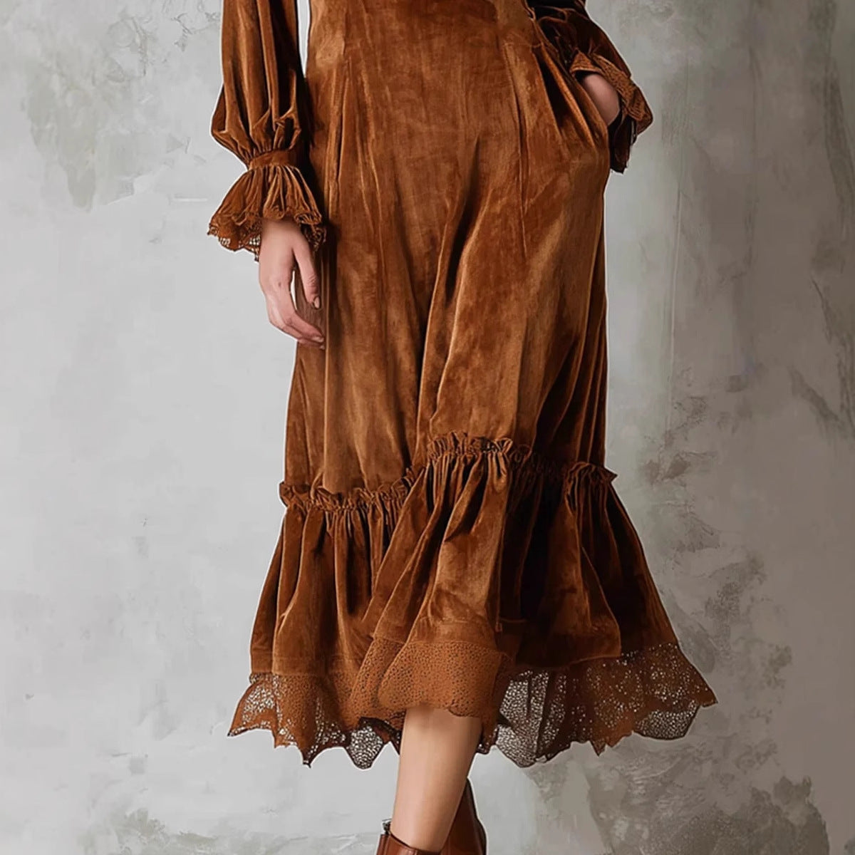 Women's French Lace Patchwork Puff Sleeve Ruffled Dresses