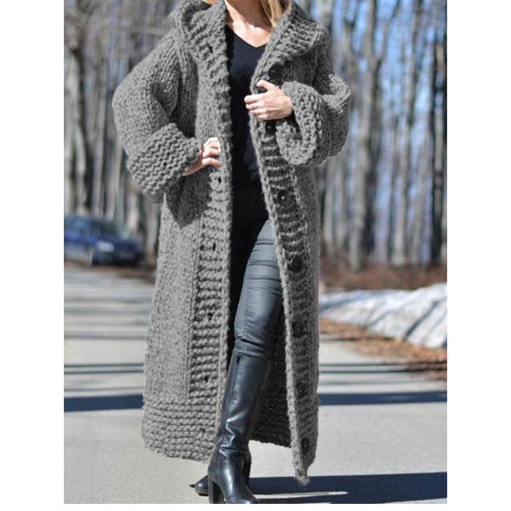 Women's Winter Hooded Single-breasted Solid Color Knitted Sweaters