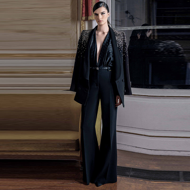 Trendy Pretty Bead Diamond Trousers Two-piece Fashion Casual Suit
