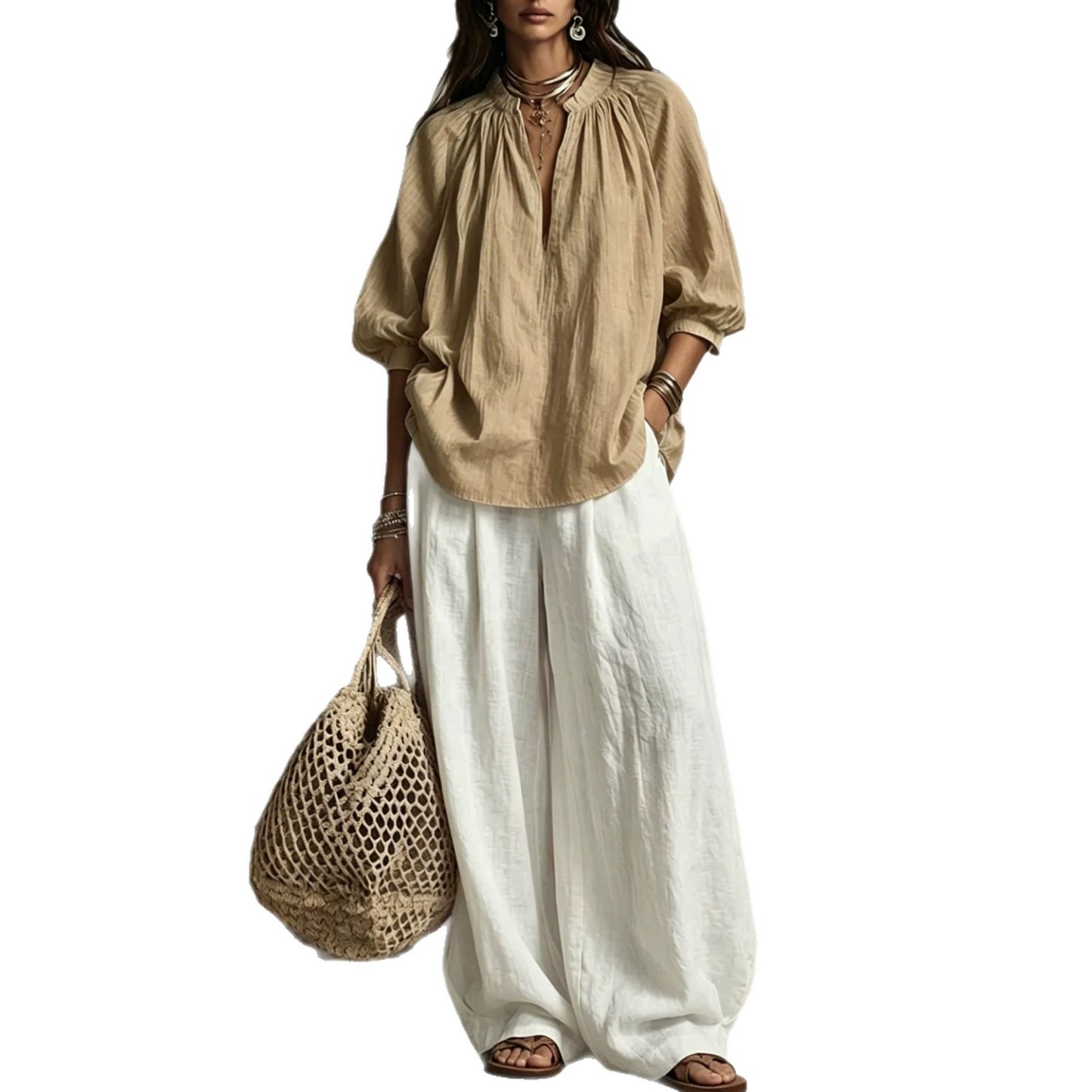 Summer Cotton Linen Puff Sleeve Shirt Wide Fashion Casual Suit