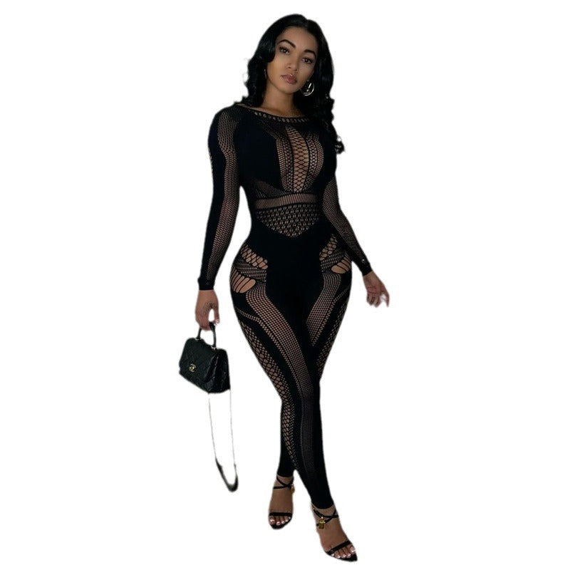 Women's Autumn Nylon One-piece Knitted Hollow Slim Women's Jumpsuit/clothing