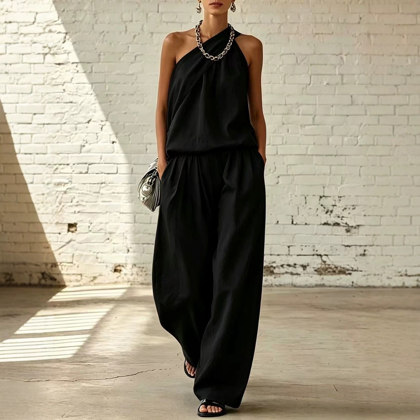 Linen Sleeveless Cold-shoulder Solid Color Wide Fashion Casual Suit