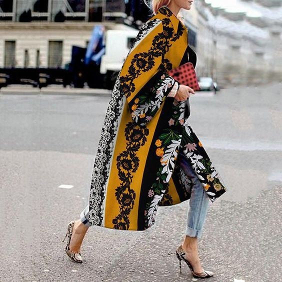 Women's Long Bell Sleeve Printed Loose Trench Coats