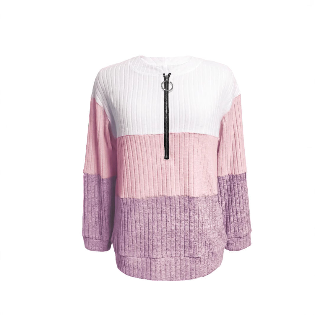 Women's Winter Zipper Color Contrast Patchwork Stand Collar Women's Sweater, Sweater