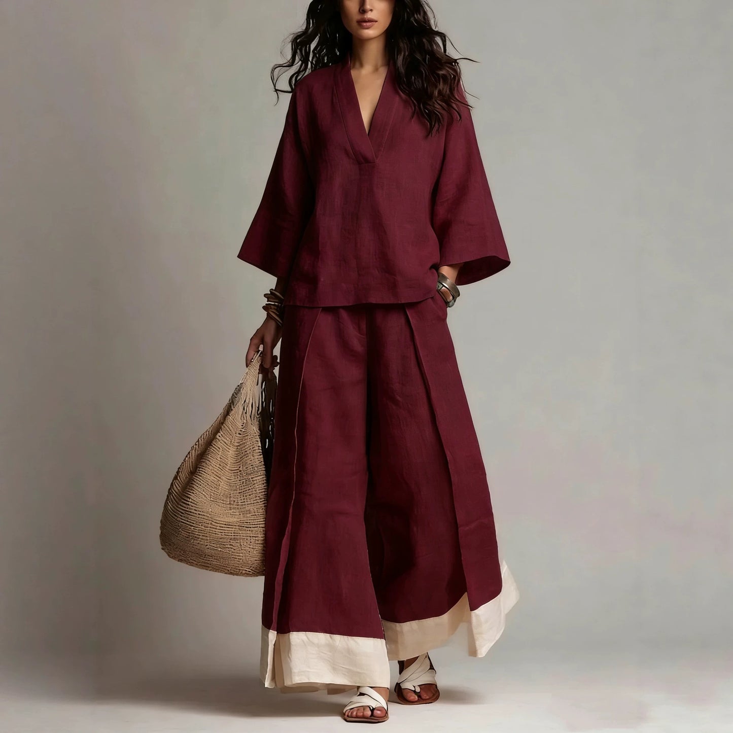 Women's Linen French Style Sleeve Shirt Wide Leg Fashion Casual Suit