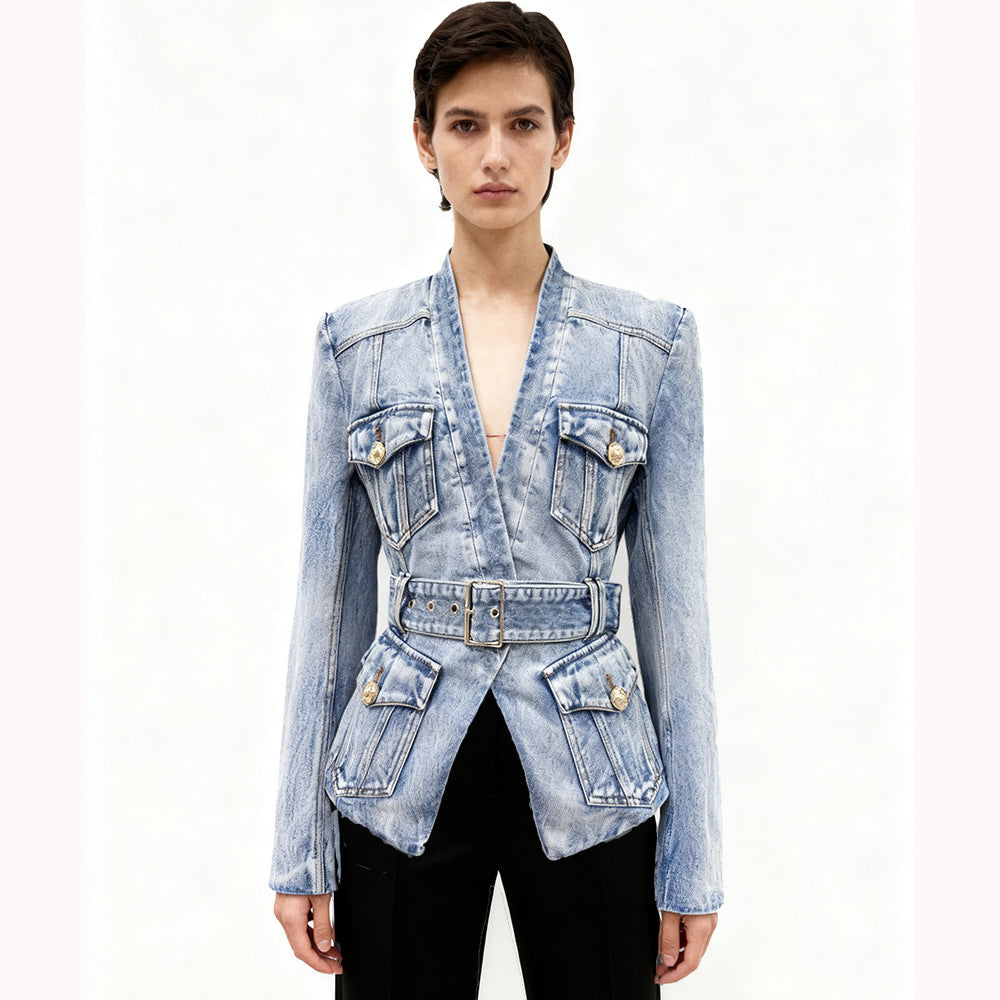 Early Autumn Fashion Belt Washed Denim Jackets