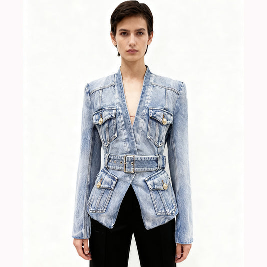 Early Autumn Fashion Belt Washed Denim Jackets