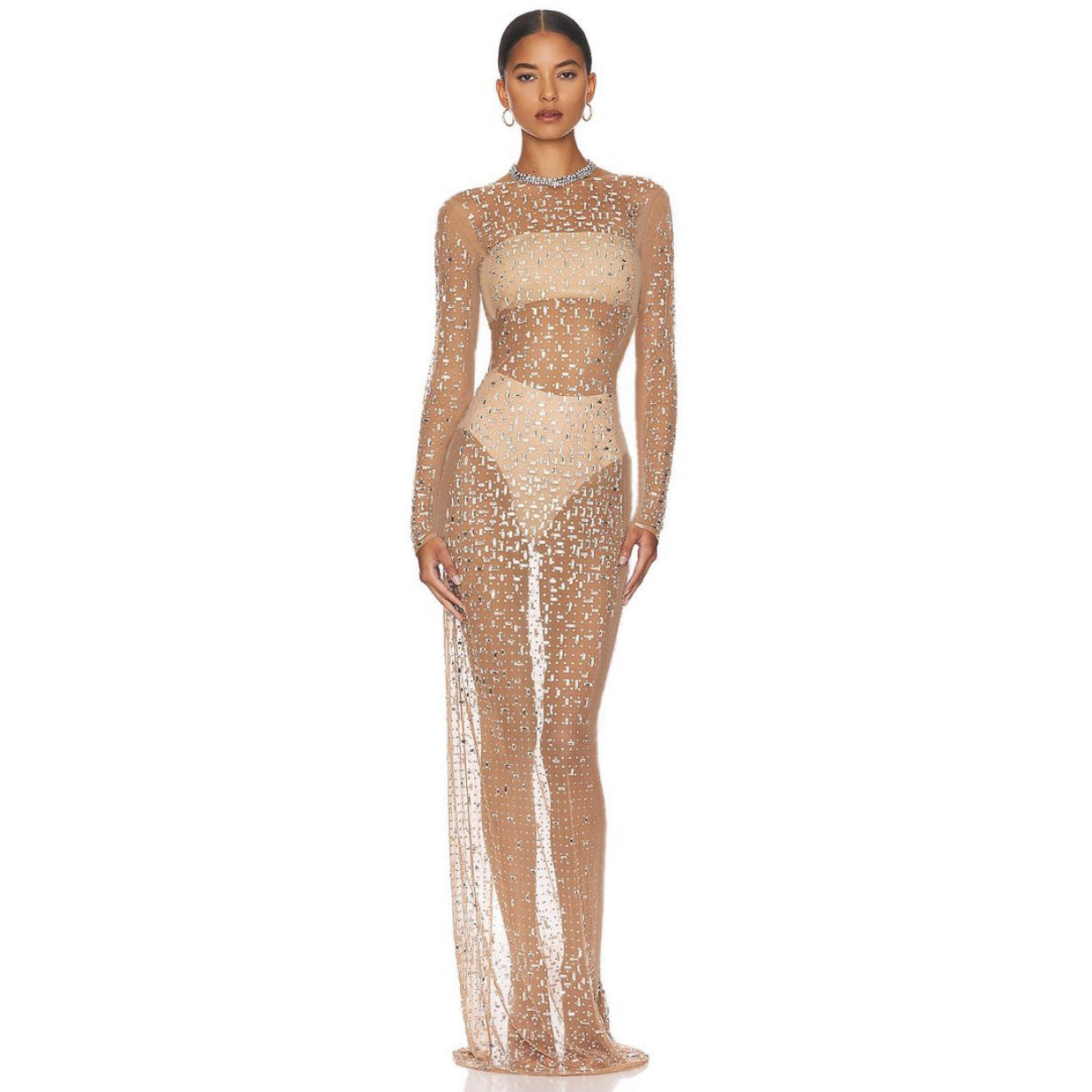 Fashion Sexy Rhinestone Mesh Long Sleeve Dresses
