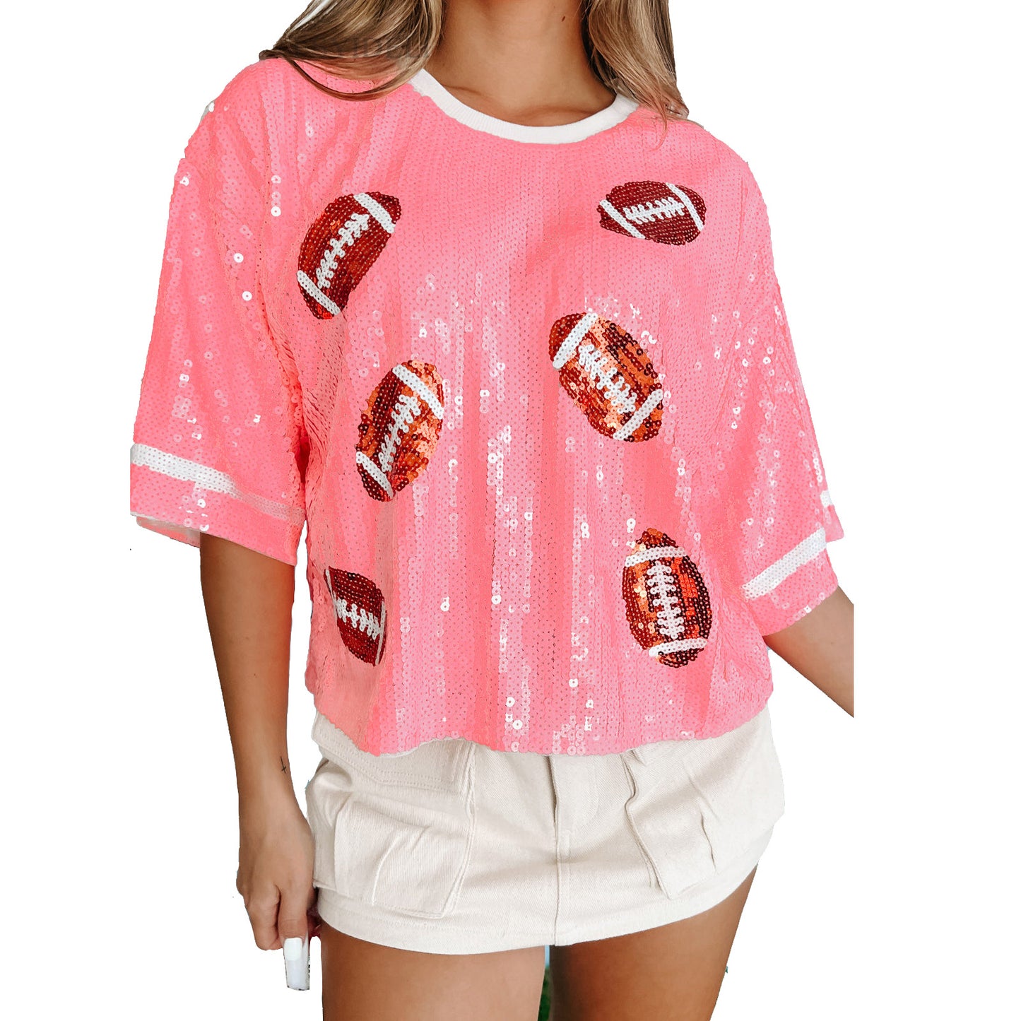 Women's Summer Sequins Loose-fitting T-shirt Round Neck Blouses