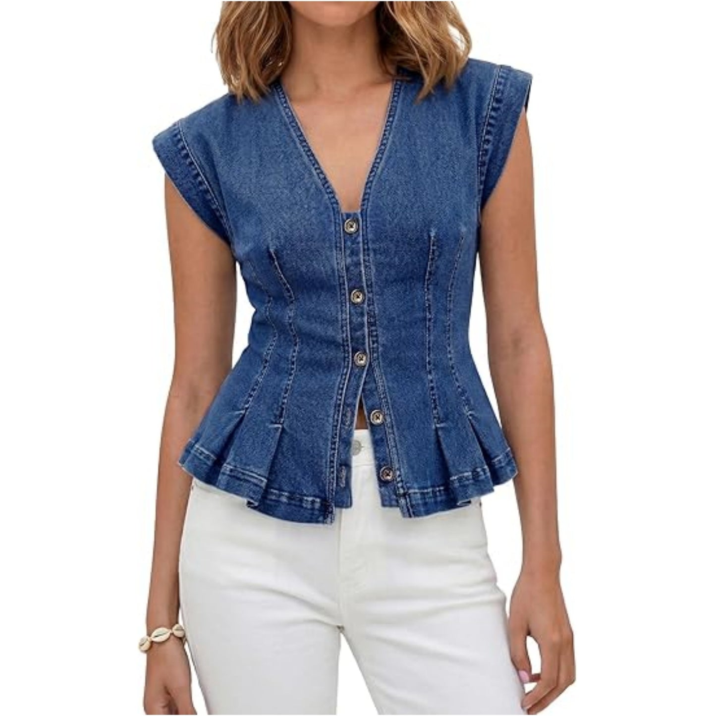Women's Denim Fashion Casual Buckle Pleated Sleeveless Tops