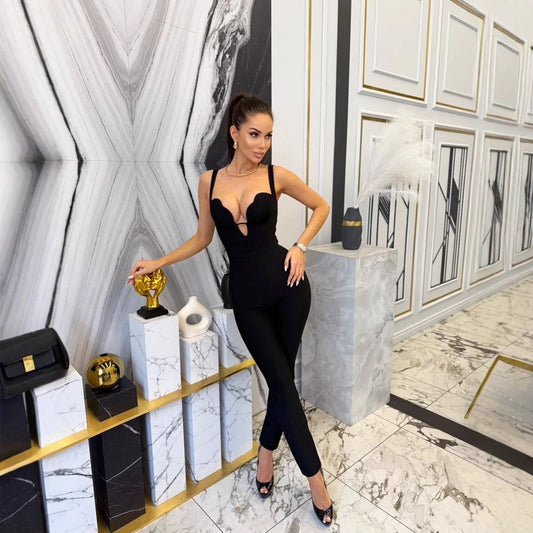 Black Sexy Low-cut Tight-fitting Suspender Bandage Jumpsuits