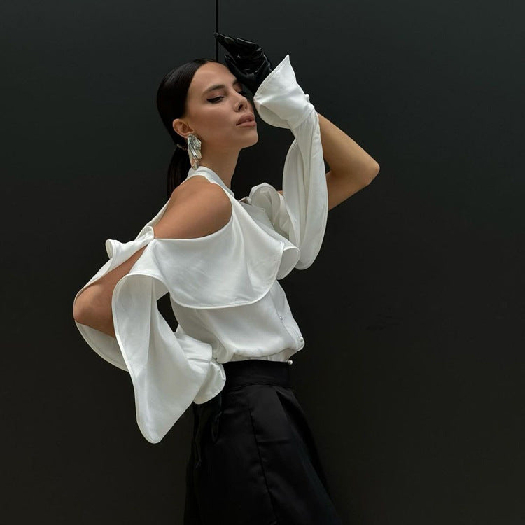 Ruffled Round Neck Long Sleeve High-grade Blouses