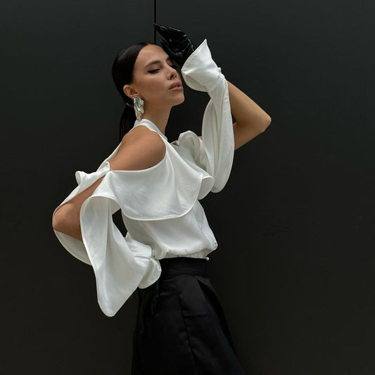 Ruffled Round Neck Long Sleeve High-grade Blouses