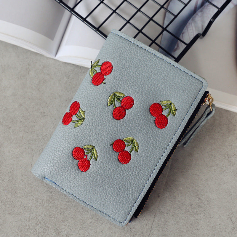 Women's Style Vertical Cherry Embroidery Short Fashion Ladies Wallets