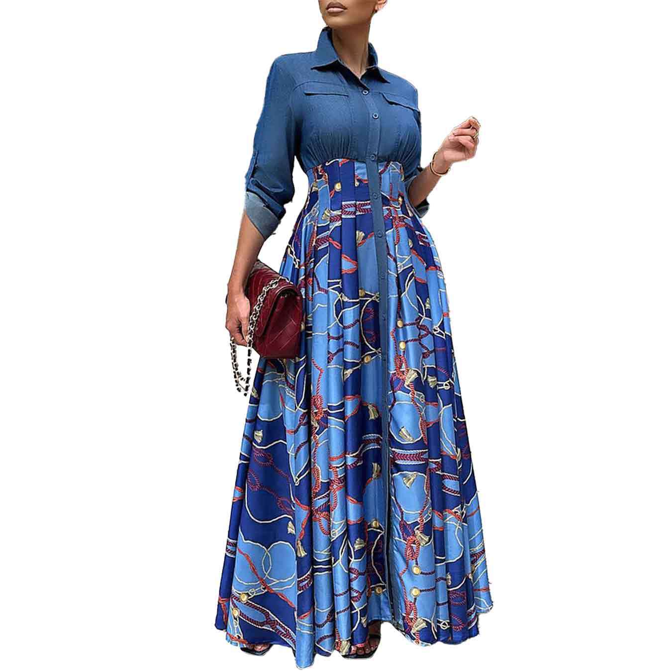 Women's Large Fashion Casual Denim Stitching Printing Dress