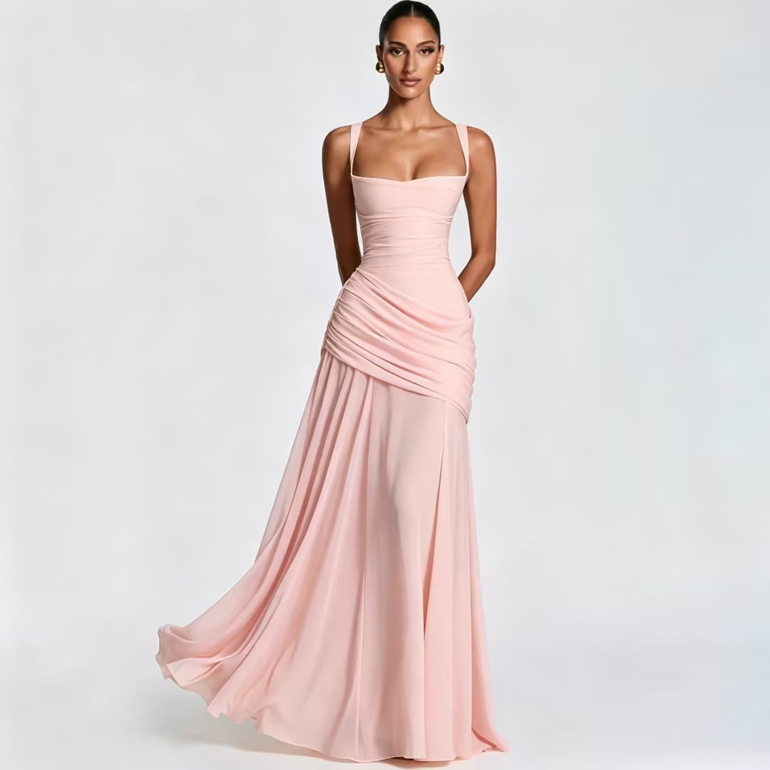 Women's Sexy Solid Color Pleated Low-cut Backless Dress