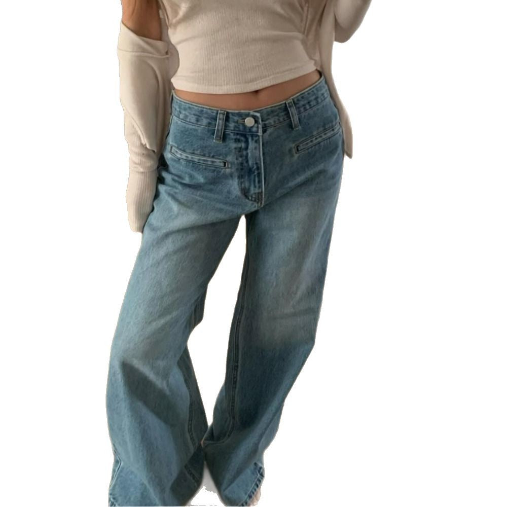 Style Retro Washed Western Pocket Design Loose Slim Women's Jeans
