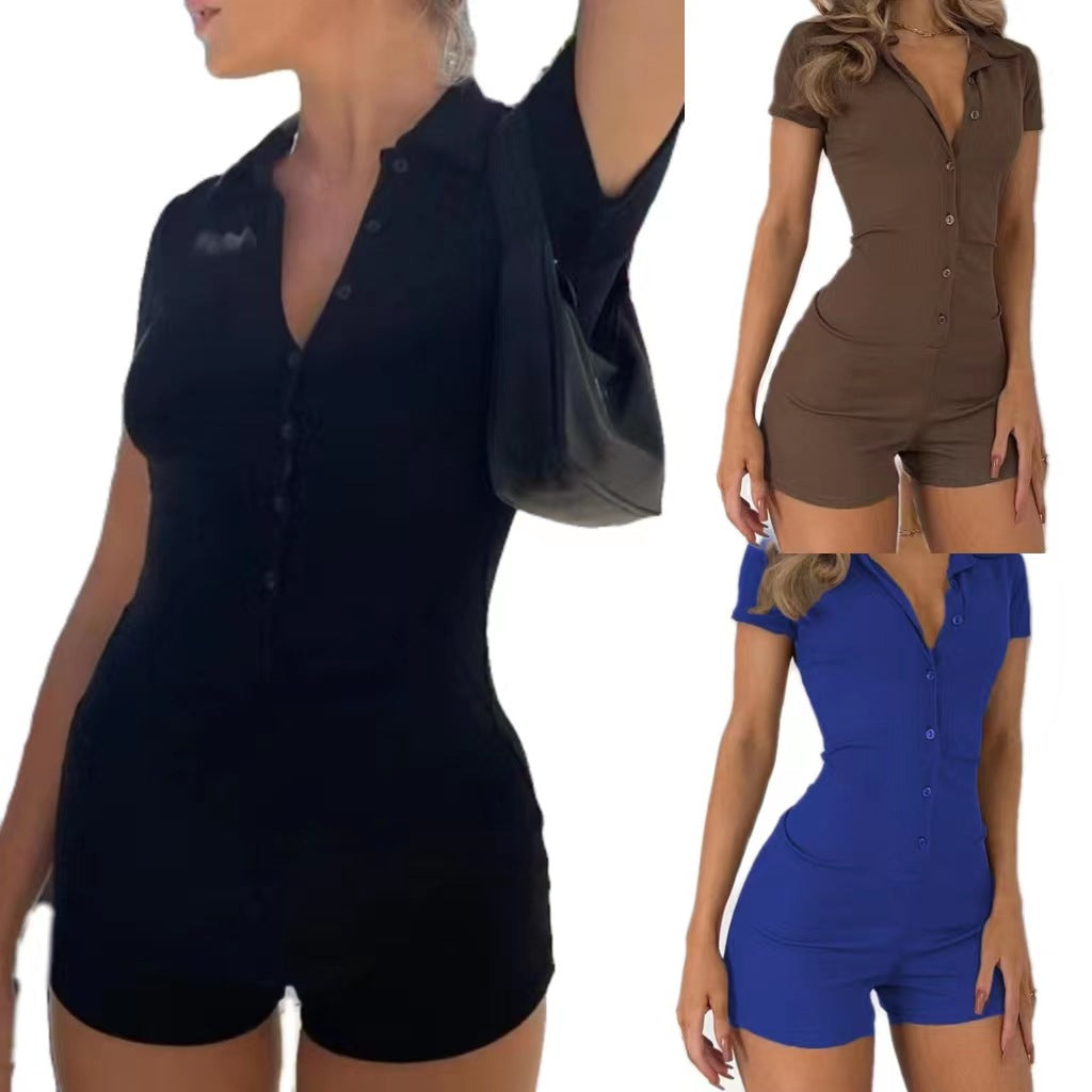Women's Lapel Breasted Solid Color Short-sleeved Casual Women's Jumpsuit/clothing
