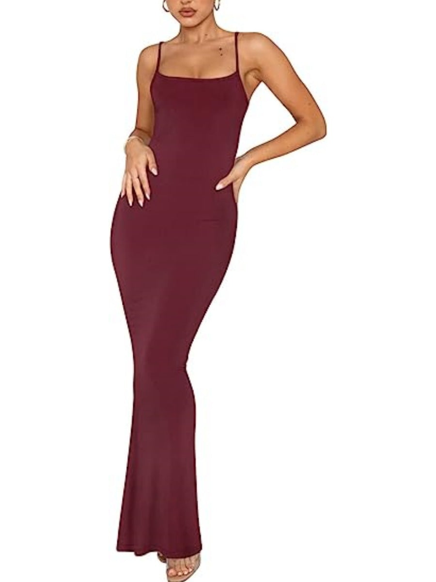 Women's Summer Solid Color Sling Casual Bottoming Rest Sexy Long Dress