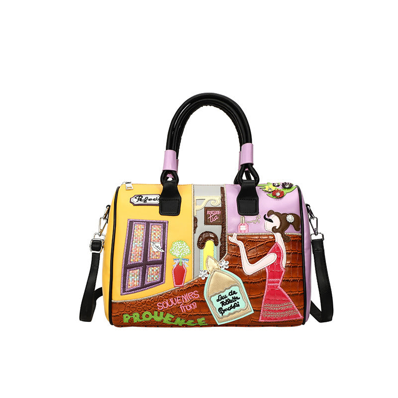 Retro Large Capacity Portable Boston Niche Embroidered Patch Crossbody Bags